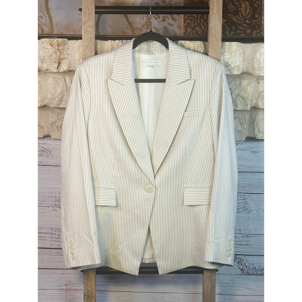 Preston & York Womens Tan Cream Striped Single Button Blazer Jacket Size 12 - Picture 9 of 10
